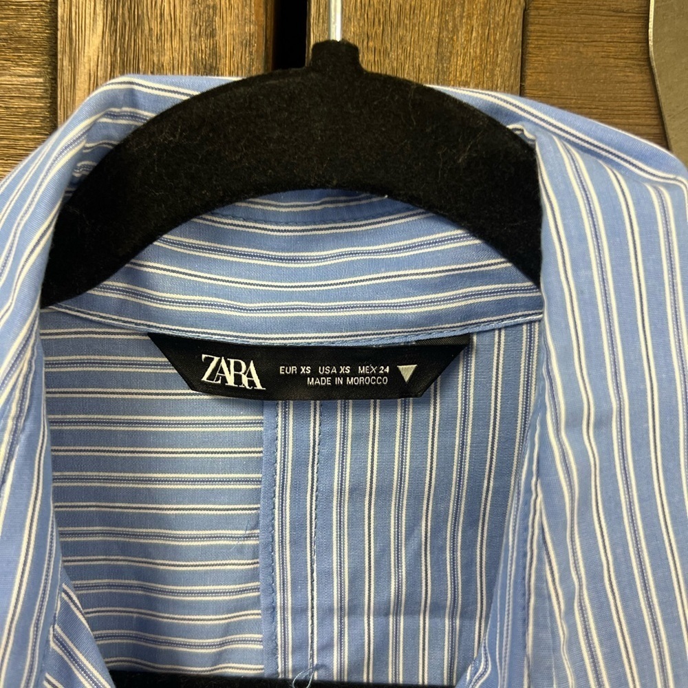 Zara Oversized Long Sleeve Cotton Stripped Button Up Asymmetrical Blouse Size XS - Picture 4 of 5